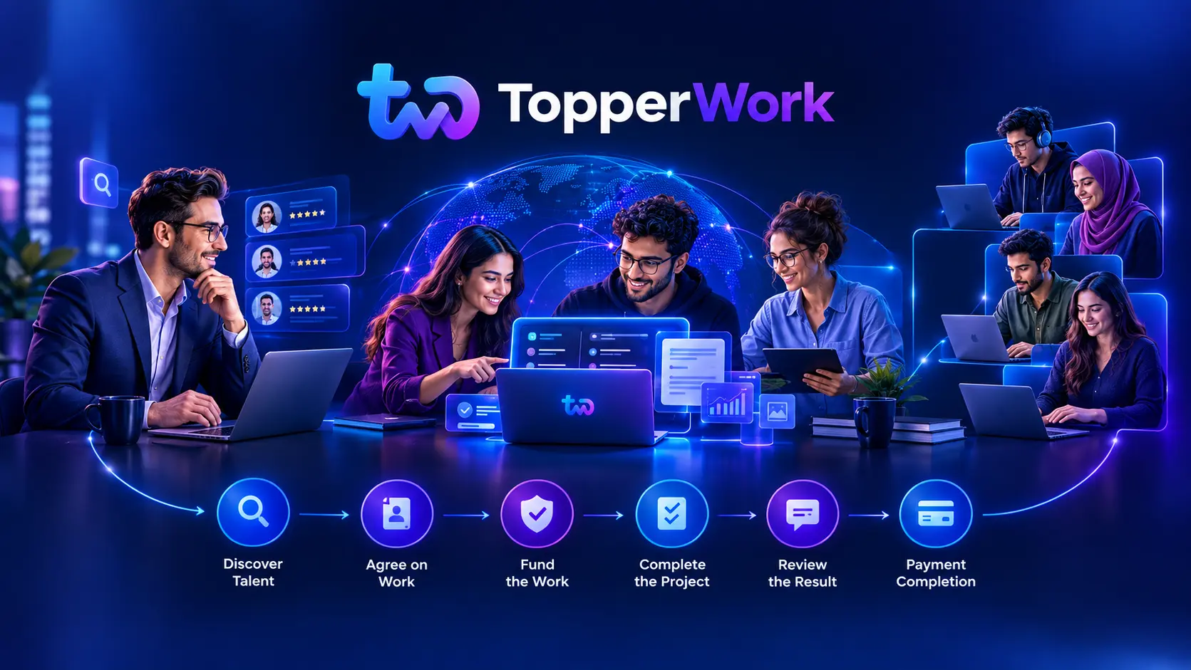 TopperWork freelance marketplace workflow connecting clients and skilled professionals